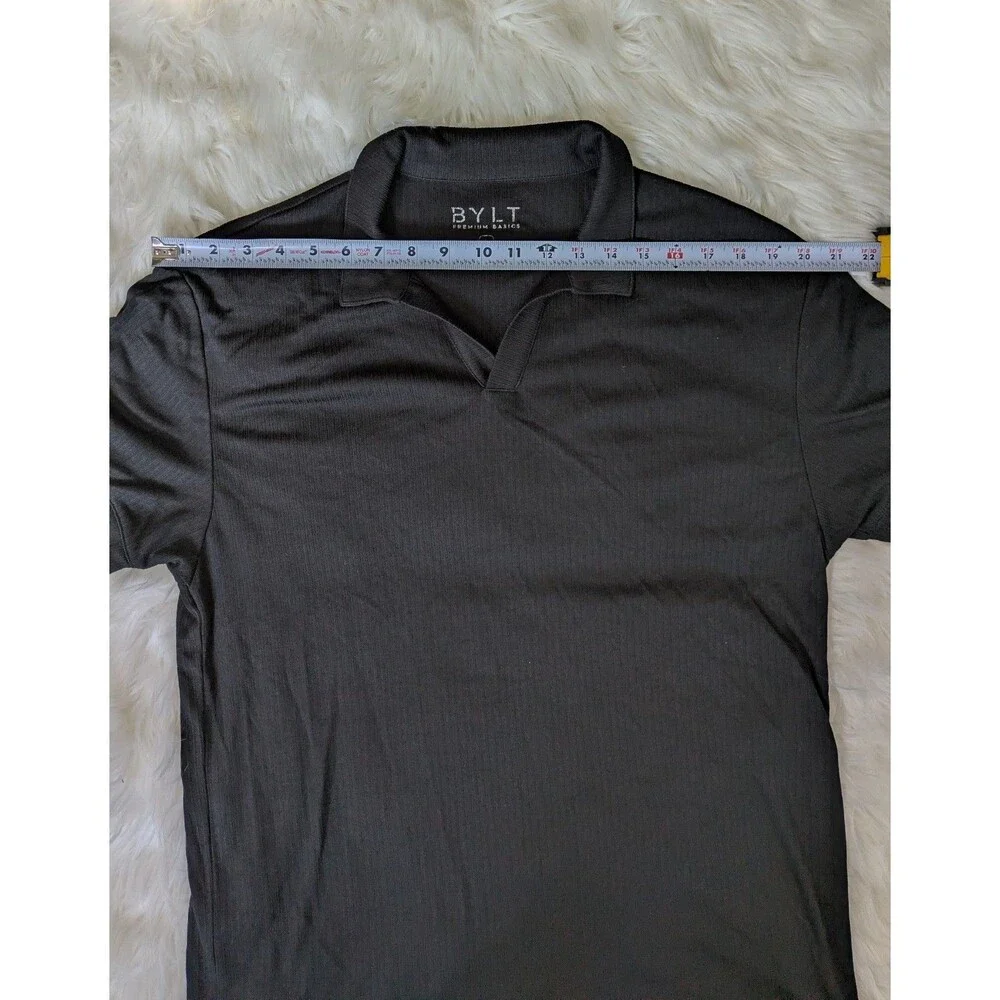 BYLT Premium Size Large Basics Ribbed Short Sleeve Open V Polo Shirt Mens Black - Picture 6 of 11